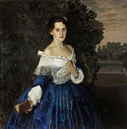 穿蓝色衣服的女士。叶的肖像。马丁诺娃`Lady In Blue. Portrait Of Ye.M. Martynova (C.1898) by Konstantin Andreevich Somov