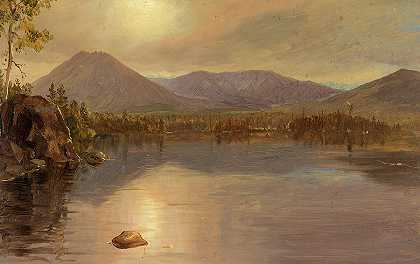 从缅因州卡塔赫丁湖出发，登上卡塔赫丁和特纳山`Mounts Katahdin and Turner from Lake Katahdin, Maine by Frederic Edwin Church