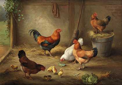 谷仓屋内的母鸡和小鸡`Hens and chicks in a barn interior by Edgar Hunt