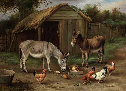有驴子和鸡的农场场景`Farmyard scene with donkeys and chickens by Edgar Hunt
