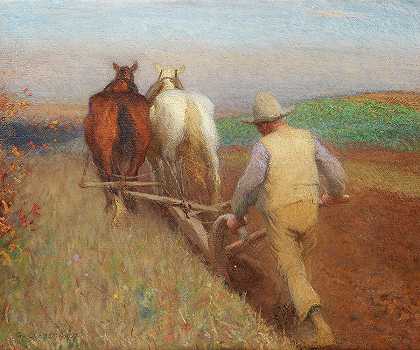 秋天的早晨，耕耘`An Autumn Morning, Ploughing by Sir George Clausen