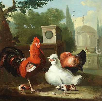 古典园林前的装饰性家禽`Decorative fowl before a classical garden by Circle of Marmaduke Craddock