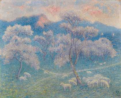 杏仁羊`Moutons Aux Amandiers (1903) by William Degouve de Nuncques