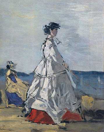 海滩上的宝琳·梅特涅公主`Princess Pauline Metternich on the Beach (ca. 1865–67) by Eugène Boudin
