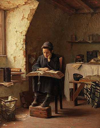 一个正在读书的男孩`A Yeshiva boy reading by Alois Heinrich Priechenfried