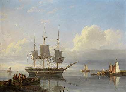 河口的航运`Shipping in the mouth of an estuary by Johannes Hermanus Koekkoek