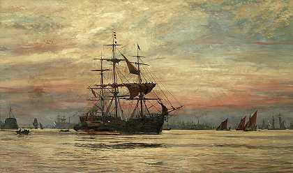 一艘在繁忙的泰晤士河水域接受领航员的船只`A ship recieving a pilot through busy Thames waters by William Lionel Wyllie