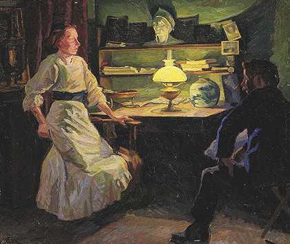 与灯和两个图形的接口。`Interiør med lampelys og to figurer (1912) by Edvard Weie