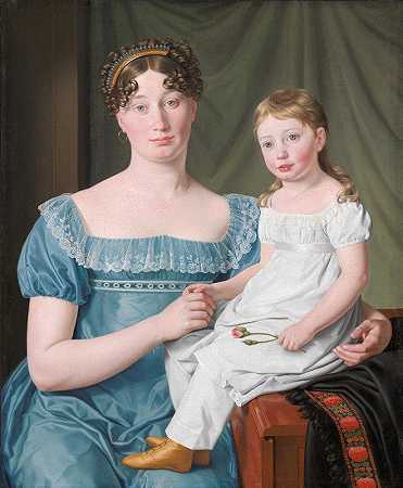 女贵族索菲·赫德维格·洛文斯基奥尔德和她三岁女儿的肖像`Portrait of a Noblewoman Sophie Hedvig Løvenskiold and her Three~Year~Old Daughter (1817) by Christoffer Wilhelm Eckersberg