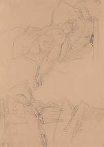 芭芭拉躺在床上作画的两张素描芭芭拉·拉齐维之死`
Two sketches of Barbara lying in bed for the painting ;Death of Barbara Radziwiłł (1860)  by Józef Simmler