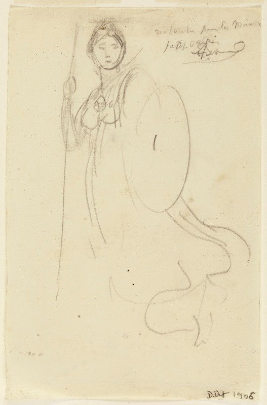 穿盔甲和面罩的女人`Une femme en armure et bouclier de face (1906) by Albert Besnard