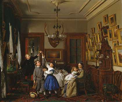 花束竞赛罗伯特·戈登一家在纽约的餐厅里`The Contest for the Bouquet; The Family of Robert Gordon in Their New York Dining~Room (1866) by Seymour Joseph Guy