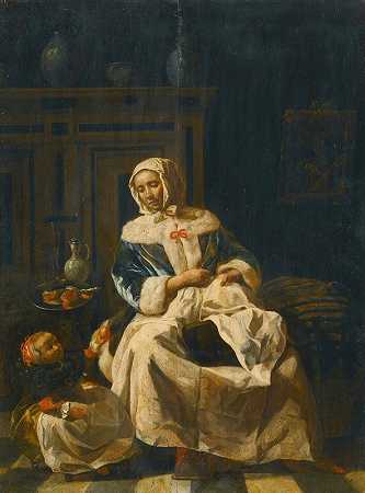 室内的母亲和孩子`A Mother And Child In An Interior by Jan van Pee