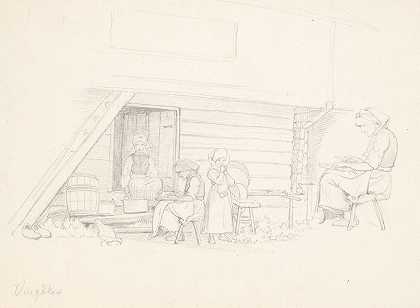 瑞典妻子和三个孩子在的一所房子外葡萄园`Svensk kone og tre børn uden for et hus i ;Vingåker (1851) by Wilhelm Marstrand