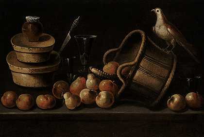 有水果和鸟的静物画`Still Life with Fruit and a Bird (1602–14) by Blas de Ledesma