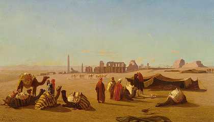 休息的商队，远处的底比斯卡纳克神庙`A Caravan At Rest, The Temple Of Karnak, Thebes In The Distance by Charles Théodore Frère