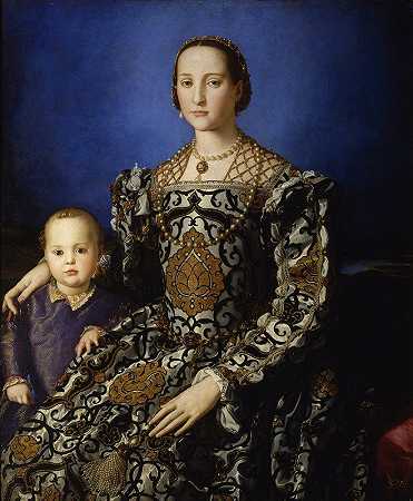 托莱多的埃莉诺和她的儿子乔瓦尼·德的肖像美第奇`Portrait Of Eleanor Of Toledo With Her Son Giovanni De Medici (1544~1545) by Agnolo Bronzino