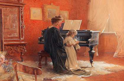 一位母亲和她的小女儿在弹钢琴`A Mother And Her Little Daughter At The Piano by Carl Pietzner