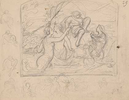 构图草图美人鱼引诱年轻人`Sketch of the composition ;Mermaids luring a young man (1848) by Józef Simmler