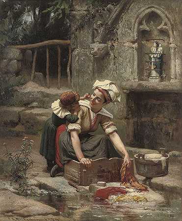 母亲她是个小帮手`Mothers little helper (1874) by Frederick Arthur Bridgman