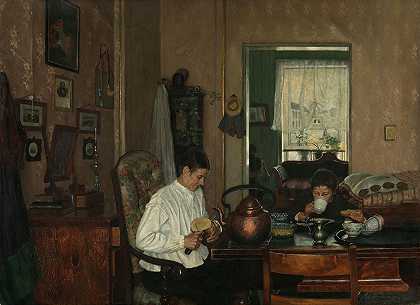 早餐I.艺术家母亲和兄弟`Breakfast I. The Artists Mother and Brother (1882) by Gustav Wentzel