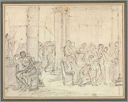 研究利克特人给布鲁图斯带来他儿子的尸体`Study for The Lictors Bringing Brutus the Bodies of his Sons (ca. 1788) by Jacques Louis David
