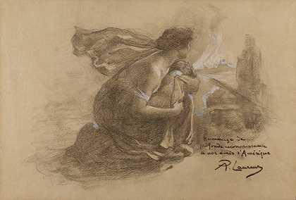 母子与燃烧的村庄`Mother and child and burning village by Paul Albert Laurens