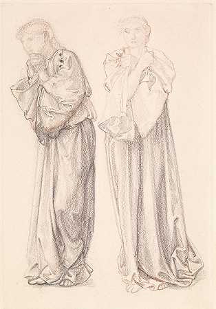 圣乔治系列——两项针对女性服务员的研究公主画了致命的一张`St George Series – Two Studies of Female Attendants for ;The Princess draws the fatal Lot by Sir Edward Coley Burne-Jones