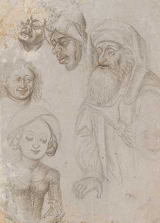 有两个半数字和四个头的学习表`Study sheet with two half~figures and four heads (1470~80) by Caspar Isenmann