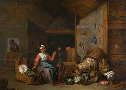 屋内有一个母亲纺纱`Interior with a mother spinning yarn by a cradle by a cradle by Abraham Willemsens