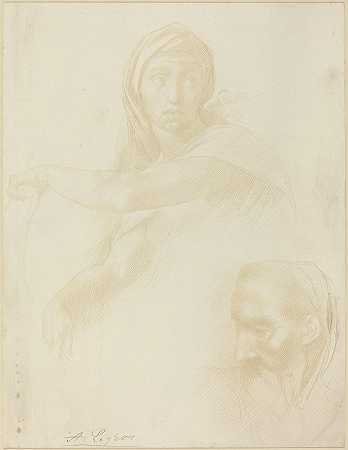 Delphic Sibyl的研究人头`Study of Delphic Sibyl; Head of a Man by Alphonse Legros