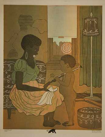 微笑着的黑人母亲，孩子拿着枪`Smiling black mother with child holding gun (1970) by Emory