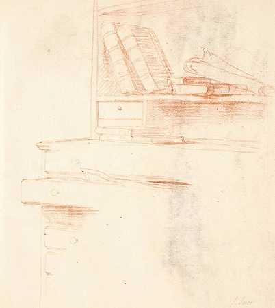 一个带书架的抽屉式家具，画架上摆放着朱尔和妻子的双画像`Et skuffemøbel med en boghylde, studie til dobbeltportrættet af Juel og hans kone ved staffeliet (1791) by Jens Juel