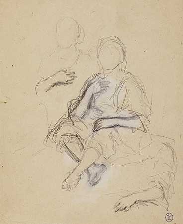 两个衣冠楚楚的人物坐在前面，研究手臂`Deux personnages drapés assis de face et étude de bras by Narcisse-Virgile Diaz de La Peña