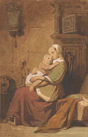 在室内的母亲和孩子`Moeder en kind in een interieur (1849) by Jacob Spoel