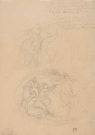 这幅画的国王肖像素描芭芭拉·拉齐维之死（裸体）`Sketch of the king figure for the painting ;Death of Barbara Radziwiłł (nude) (1860) by Józef Simmler
