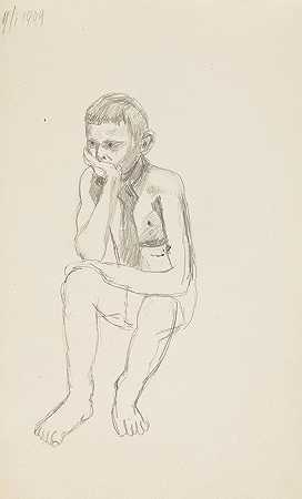 坐着的男孩用手托住脸的动作`akt siedzącego chłopca podpierającego twarz dłonią (1909) by Adolf Sternschuss