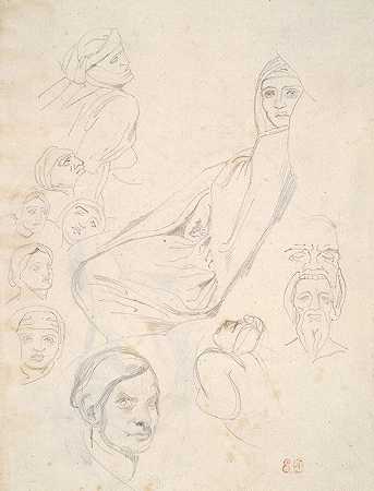 北非铅笔研究报告`Sheet of North African Pencil Studies (ca. 1832) by Eugène Delacroix