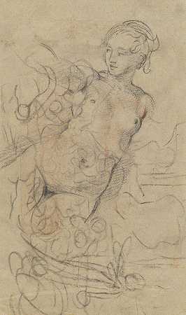 一个裸体躺着，右臂举过一个快速构图研究（verso）`A Reclining Nude with Her Right Arm Raised over a Swift Composition Study (verso) (c. 1763) by Jean-Baptiste Deshays
