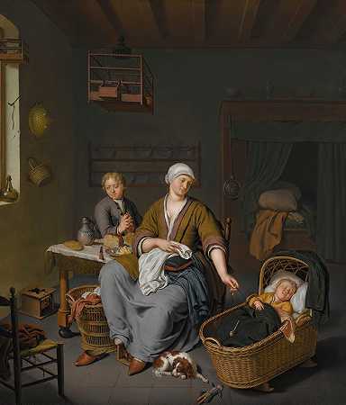 一位年轻的母亲在家庭屋内照顾她的两个孩子`A Young Mother Tending To Her Two Children In A Domestic Interior (1728) by Willem Van Mieris