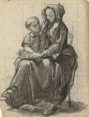 母亲和孩子，五月花号船舱契约签署草图`Mother and child, sketch for Signing of the Compact in the Cabin of the Mayflower by Edwin White