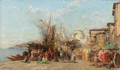 君士坦丁堡托普哈内努斯雷提耶·卡米伊清真寺前的市场`A market before Nusretiye Camii mosque in Tophane, Constantinople (1870) by Alberto Pasini