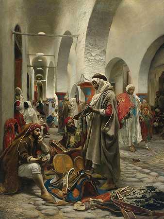 突尼斯的露天市场`The Souk Des Étoffes, Tunis (1889) by Anton Robert Leinweber