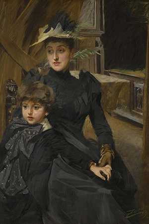 Fru Weguelin Med Son（Weguelin夫人和她的儿子）`Fru Weguelin Med Son (Mrs Weguelin And Her Son) (1889) by Anders Zorn