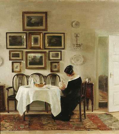母亲和孩子在餐厅屋内`Mother And Child In A Dining Room Interior by Carl Holsøe