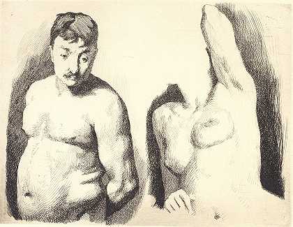 样本板上有两个半身裸体男性和女性模特的研究`Prøveplade med to studier efter nøgen mandlig og kvindelig model i halvfigur (1864 ~ 1917) by Frans Schwartz