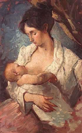母亲母乳喂养`Mother Breastfeeding by Mosè Bianchi