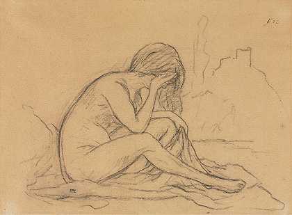 女性裸体研究（可能是一幅未实现的寓言画）（recto）`Study of a Female Nude (possibly for an unrealized allegorical painting) (recto) (1800s) by Pierre Puvis de Chavannes