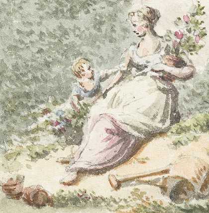 带着孩子的母亲在花园里`Moeder met kind in tuin (1782 ~ 1837) by Pieter Bartholomeusz. Barbiers