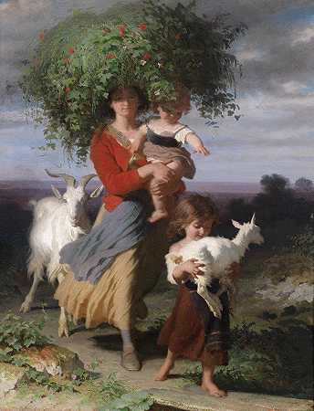 母亲带着孩子在回家的路上`Mutter mit Kindern am Heimweg (1853) by Alfred van Muyden